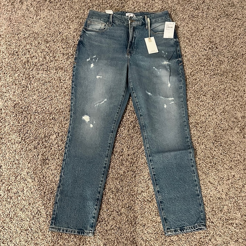 Good American Good Classic Hi-Rise Distressed Medium Wash Denim Jeans NWT 4